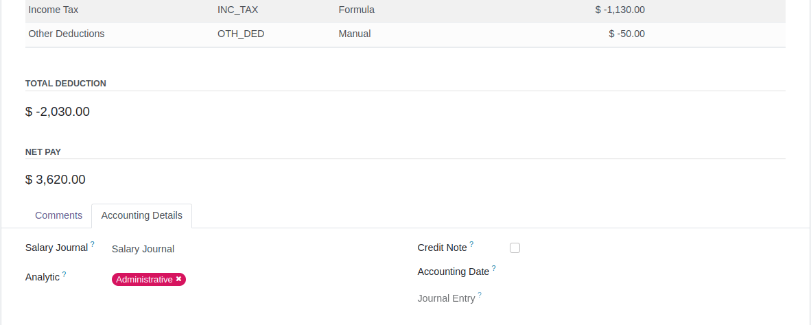 Accounting Details for Payslip