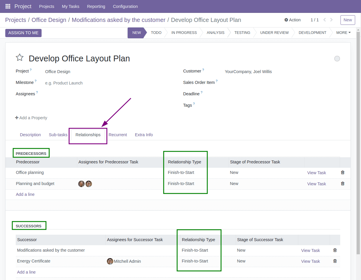 Project Task Relationships Tab