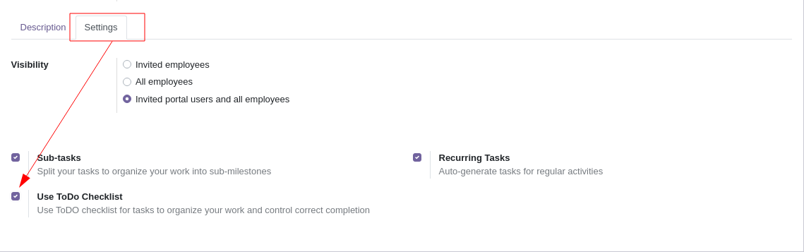 Project Form View - Enabling Checklist Feature