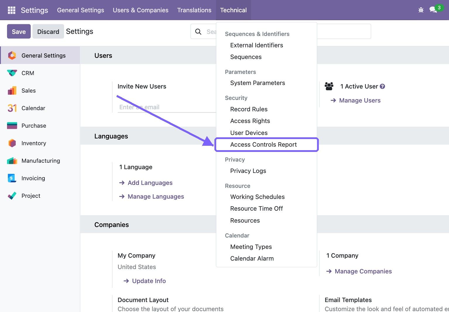User Access Report Menuitem