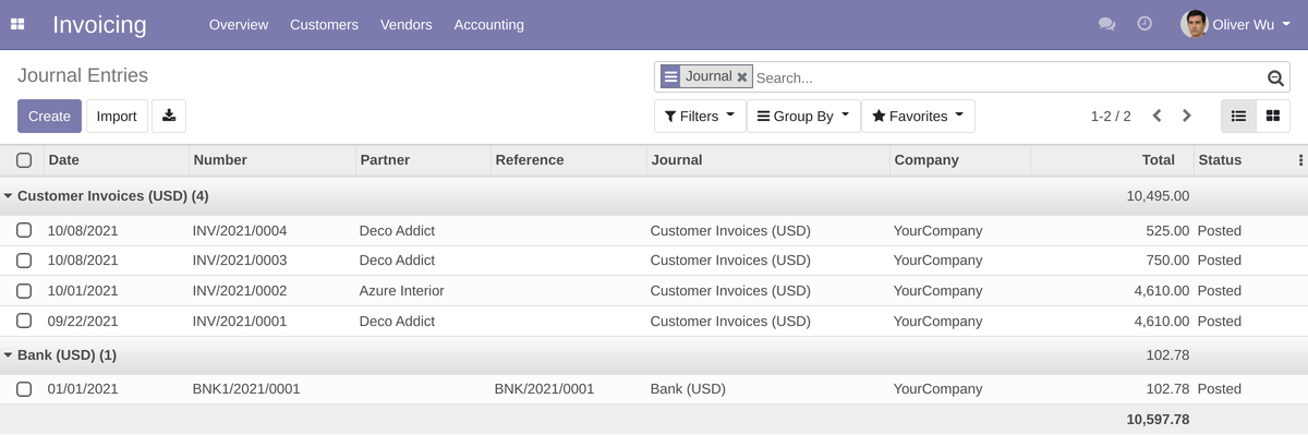 Journal entries grouped by journal 1