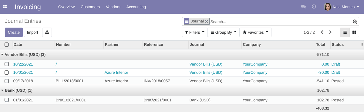 Journal entries grouped by journal 2