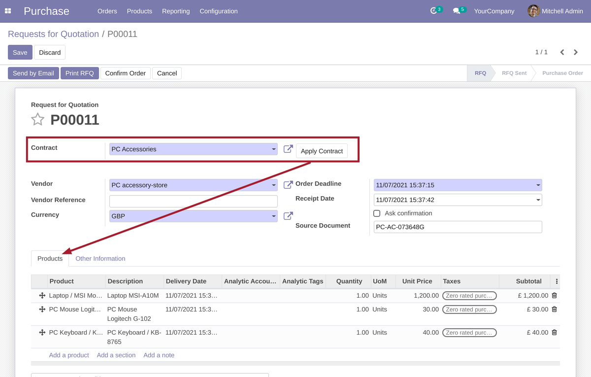 PO RfQ after applying contract