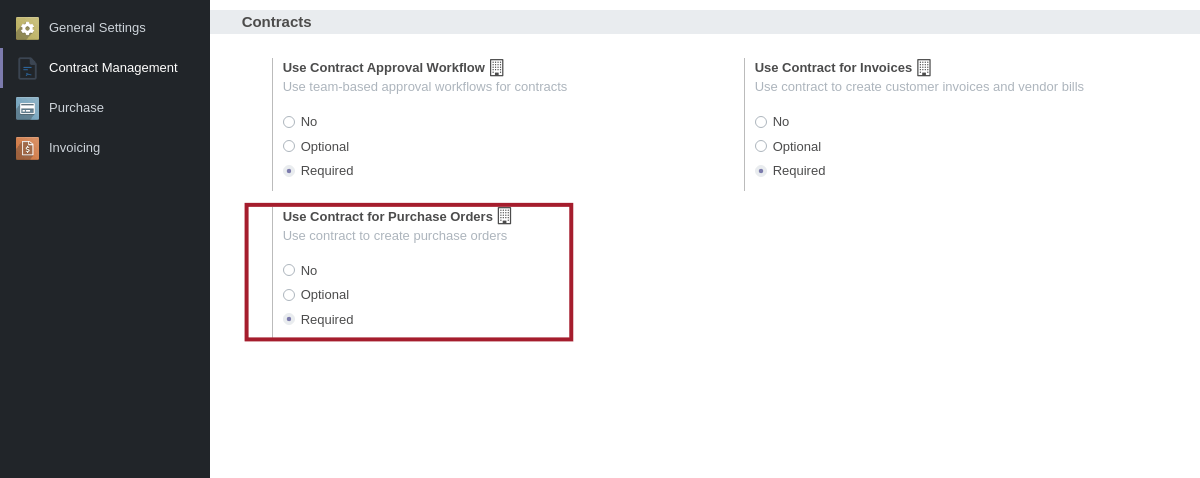 Purchase Contract Management Module Settings