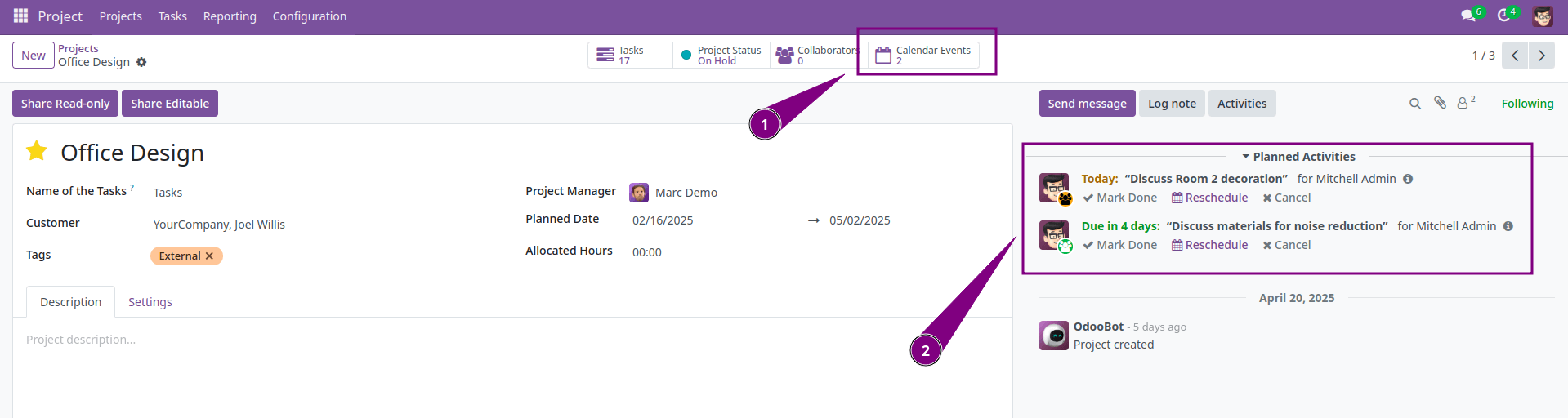 Project View with Events Button