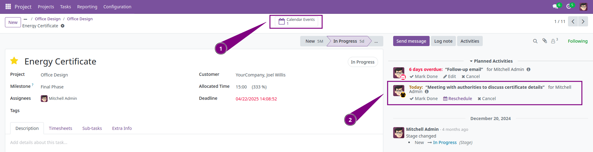 Project Task View with Events Button