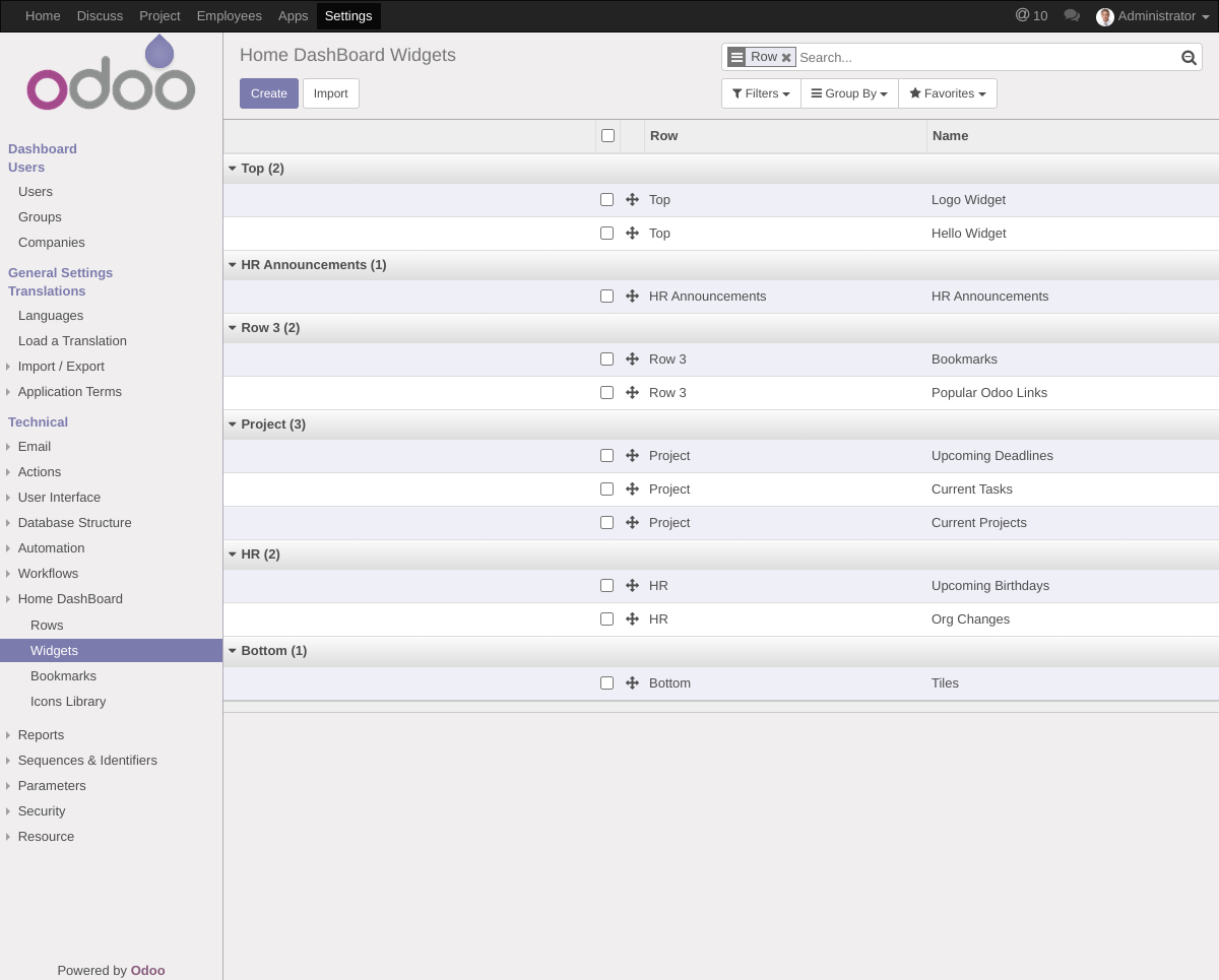Home Dashboard Widgets List
