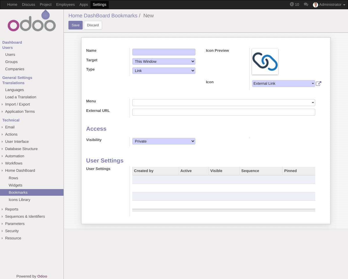 Dashboard Bookmarks Form for Admin