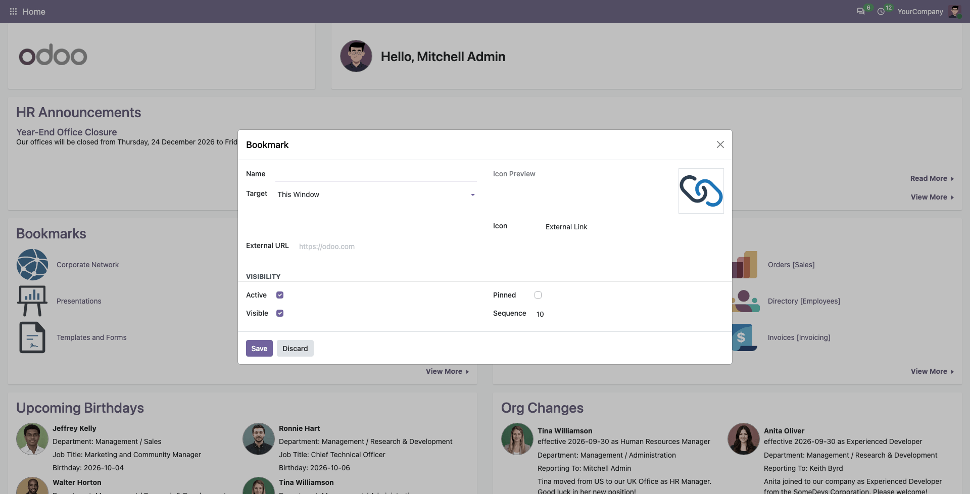 Dashboard Bookmarks Form for User