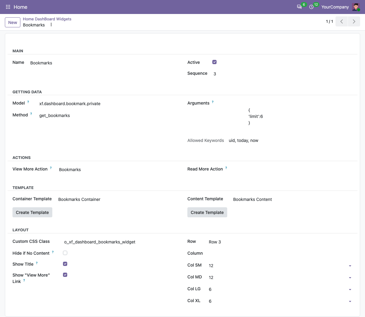Layout Settings for each Home Dashboard Widget