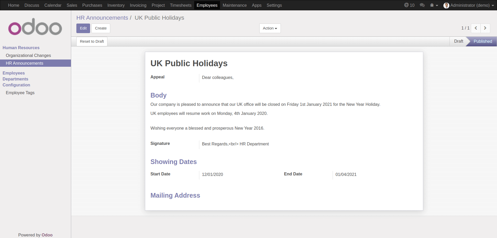 HR Announcement Form Admin