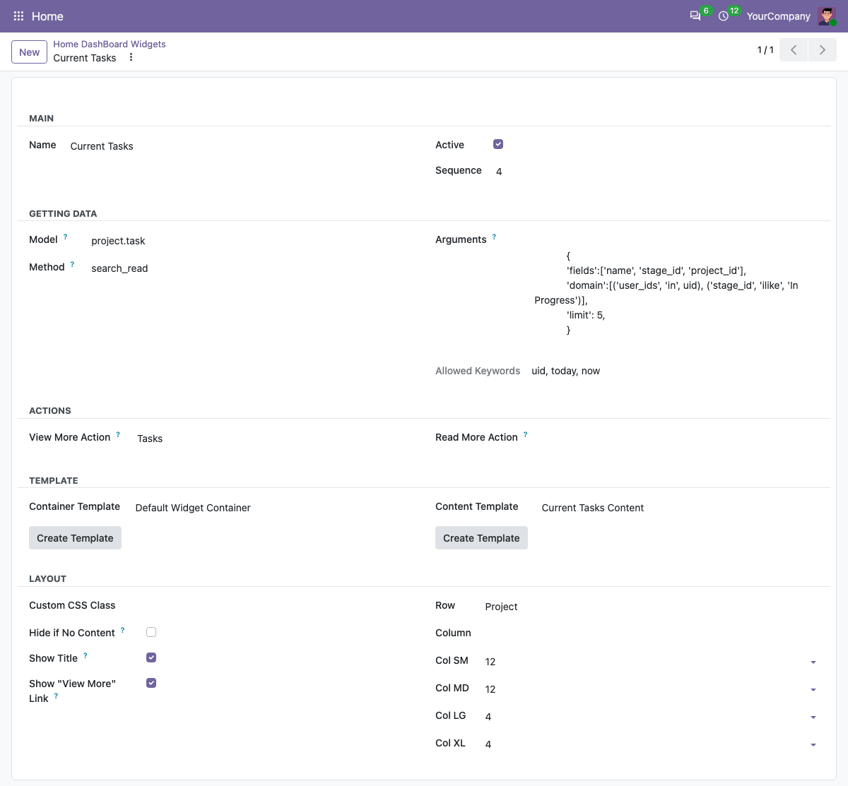 Current Tasks Widget Form