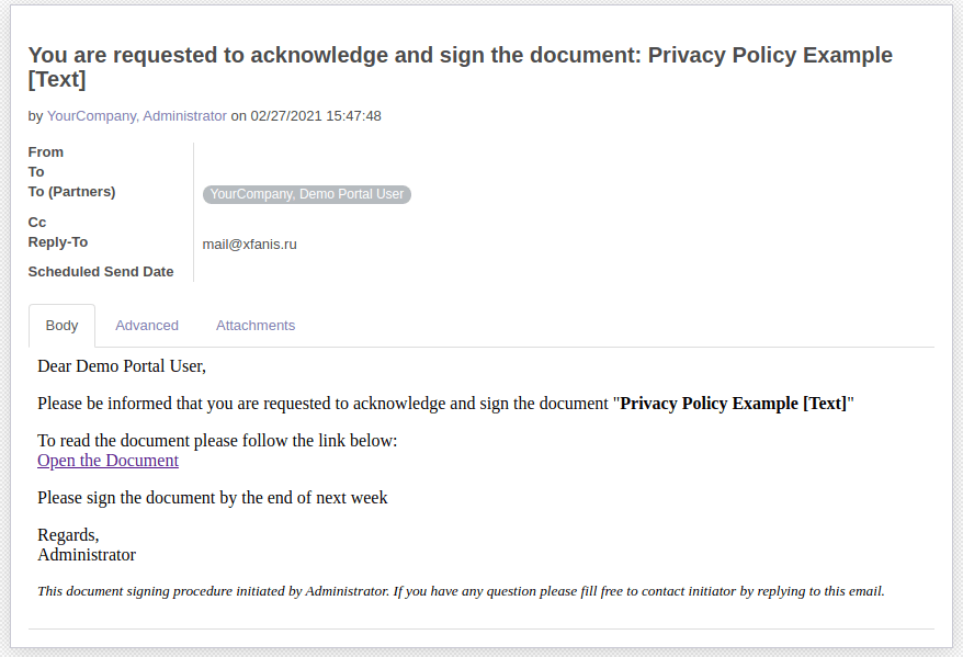 Request to sign document