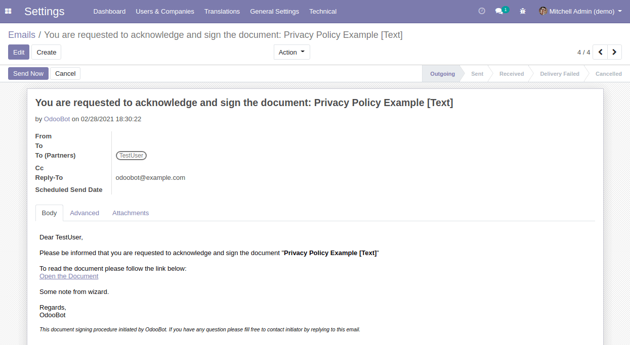 Request to sign document