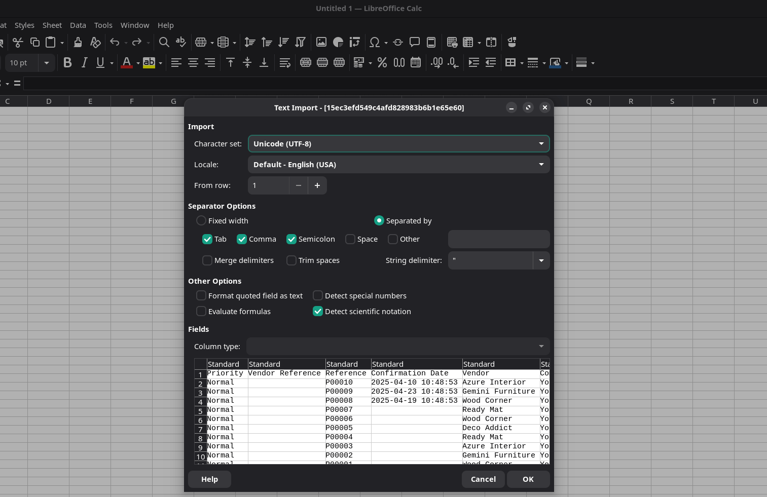 LibreOffice Calc configuring columns and data format