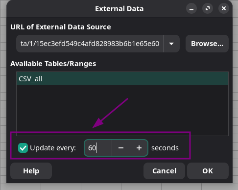 LibreOffice Calc configuring refresh data time interval