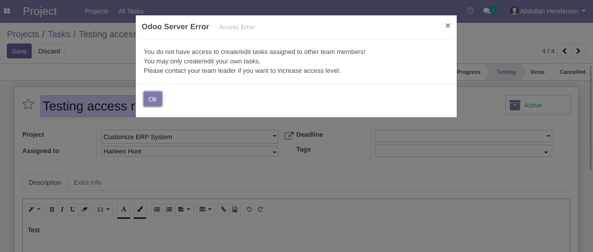 Insufficient access level message