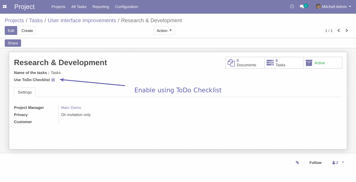 Project Form View - Enabling Checklist Feature