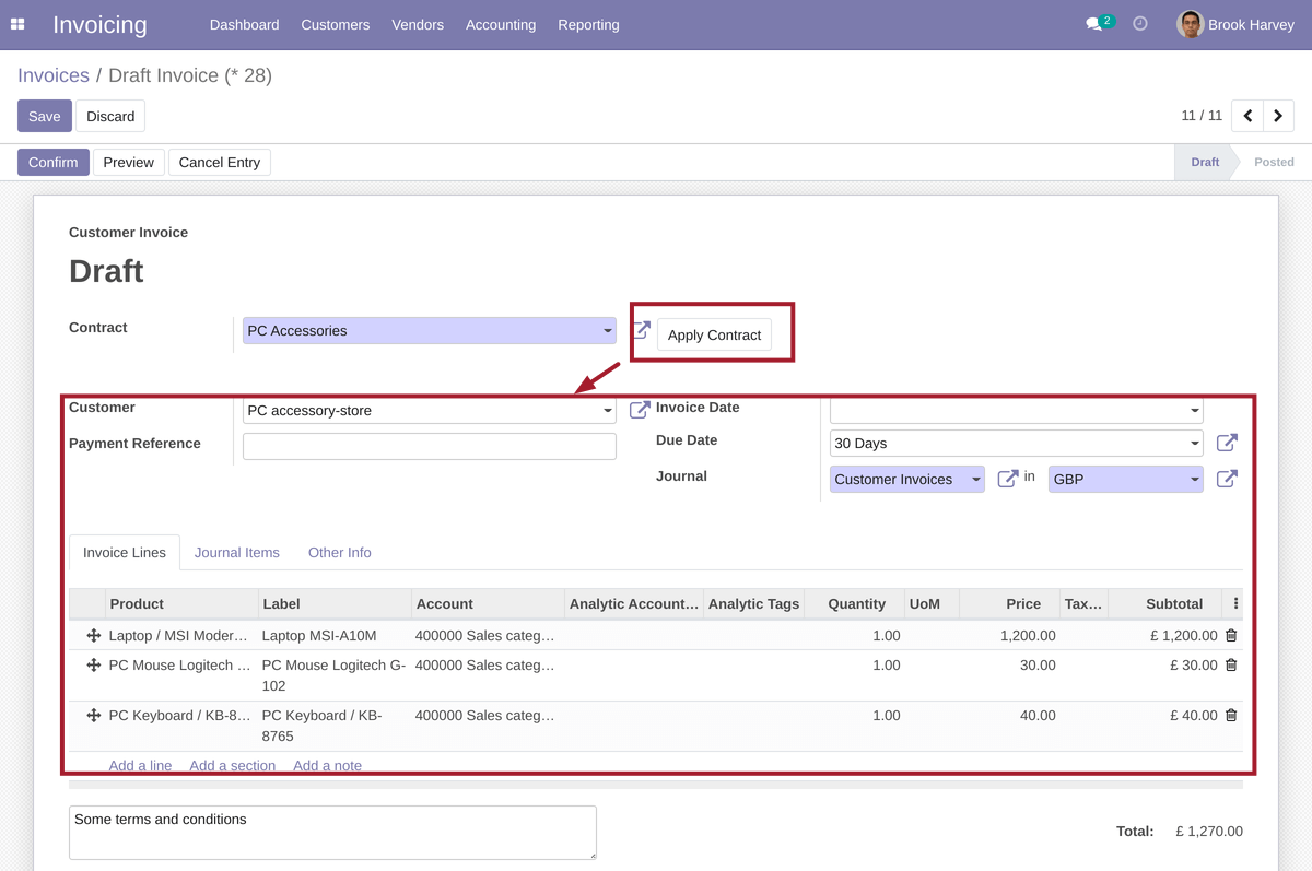 Invoice after applying contract