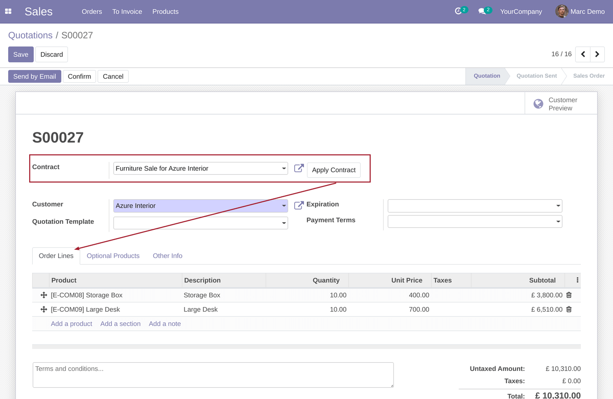 Sale order after applying contract