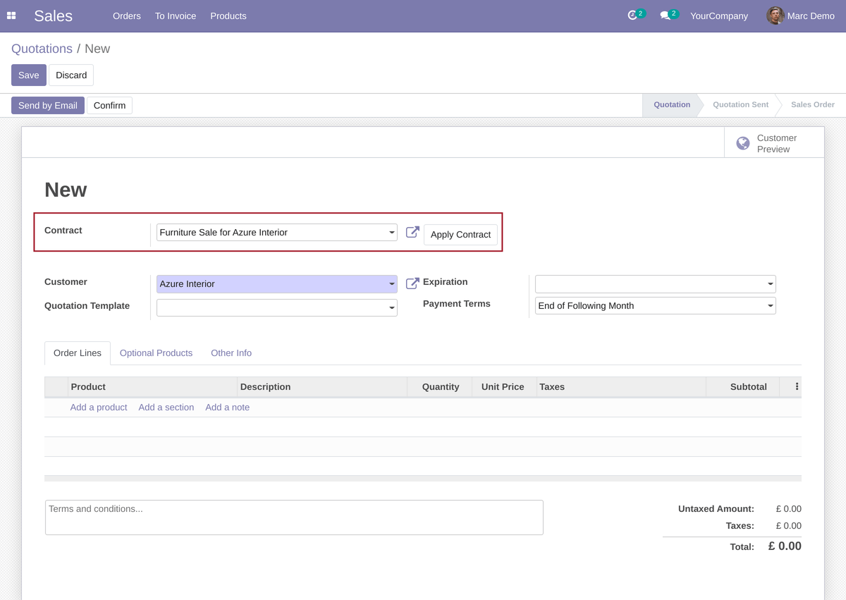 Sale quotations before applying contract