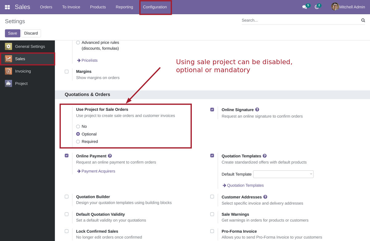 Sale Project Module Settings