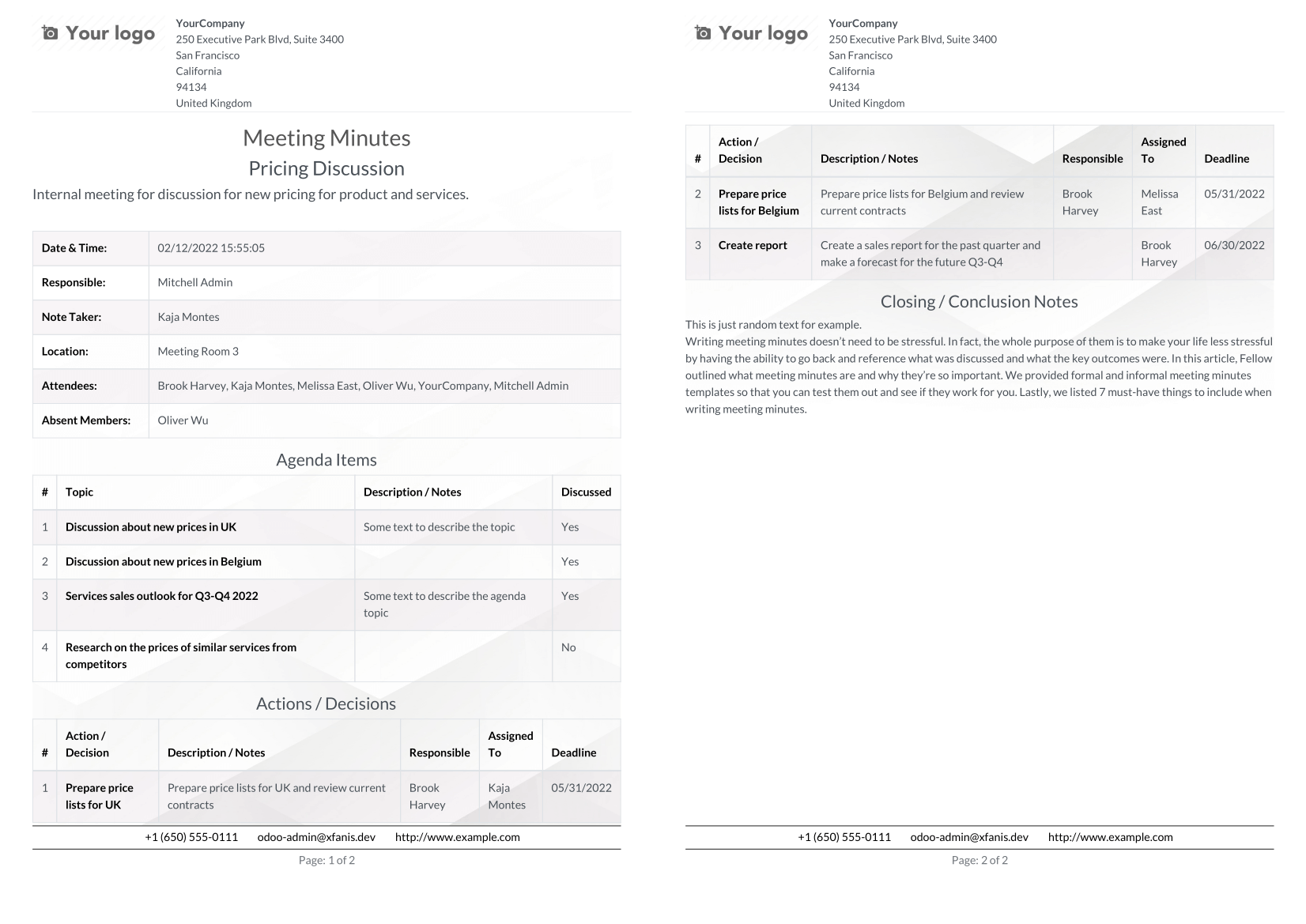 Calendar Event Meeting Minutes Report