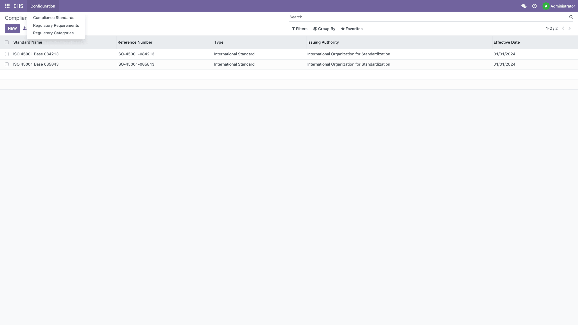 EHS menu and navigation overview