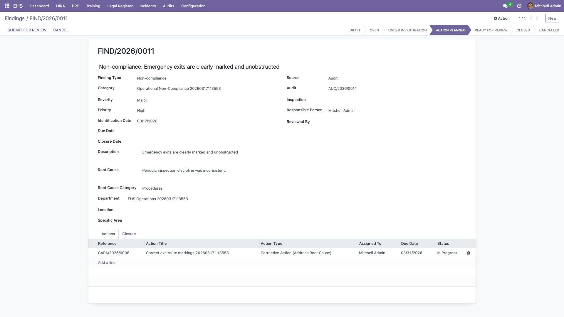 Findings and corrective actions