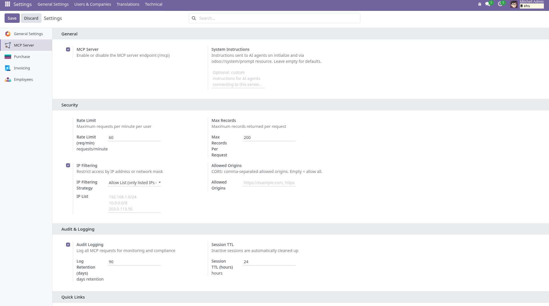 Odoo General Settings page showing the MCP Server configuration section with toggles for enabled state, rate limit, session TTL, max records, audit log retention, and IP filtering options