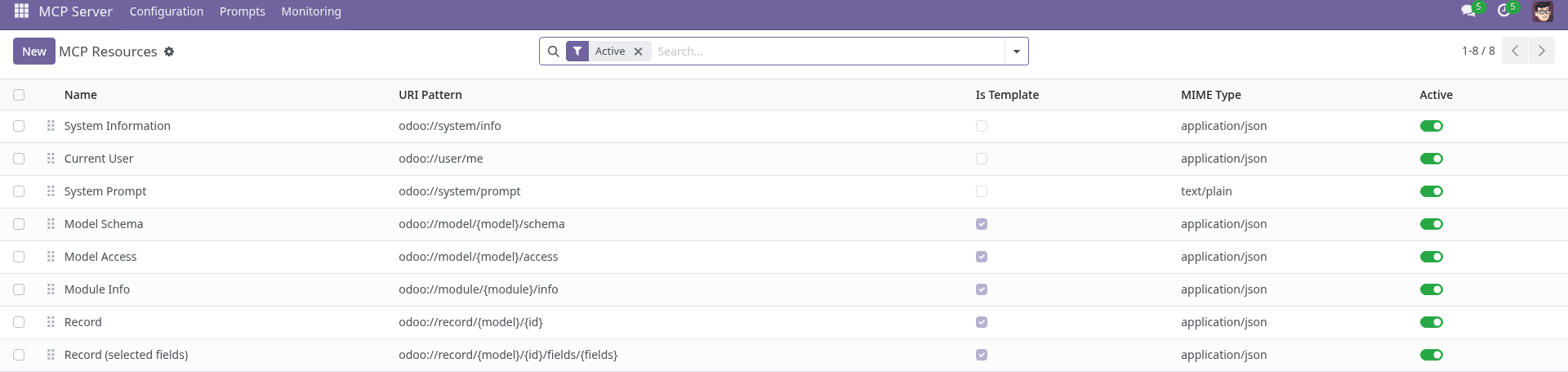 MCP Resources list view showing all built-in resources including system info, model schema, record access, module info, and record templates
