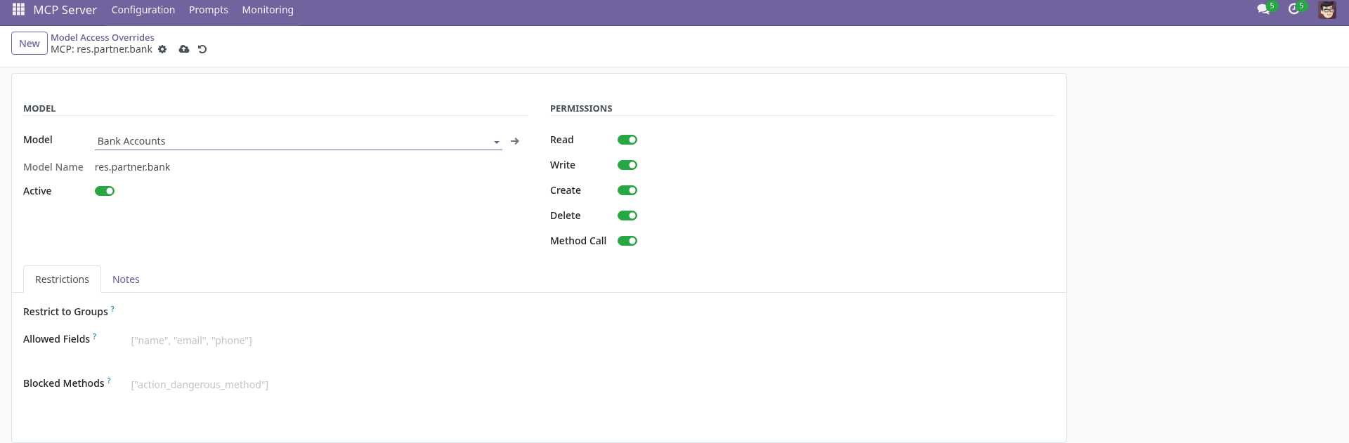 MCP Access Control form view showing per-model permission toggles for read, write, create, delete, method_call operations and field restrictions