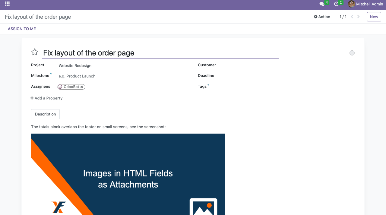 The image is stored as an attachment and inserted by link Task description with an image stored as attachment