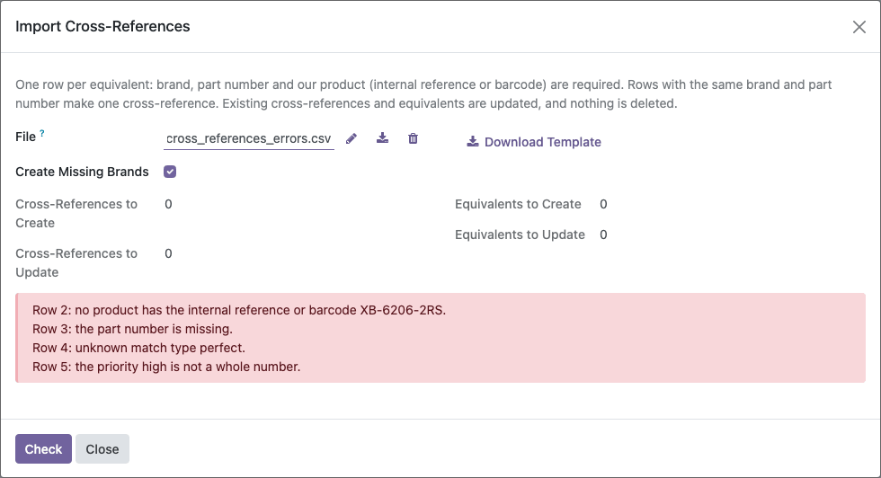 Import check with errors by row