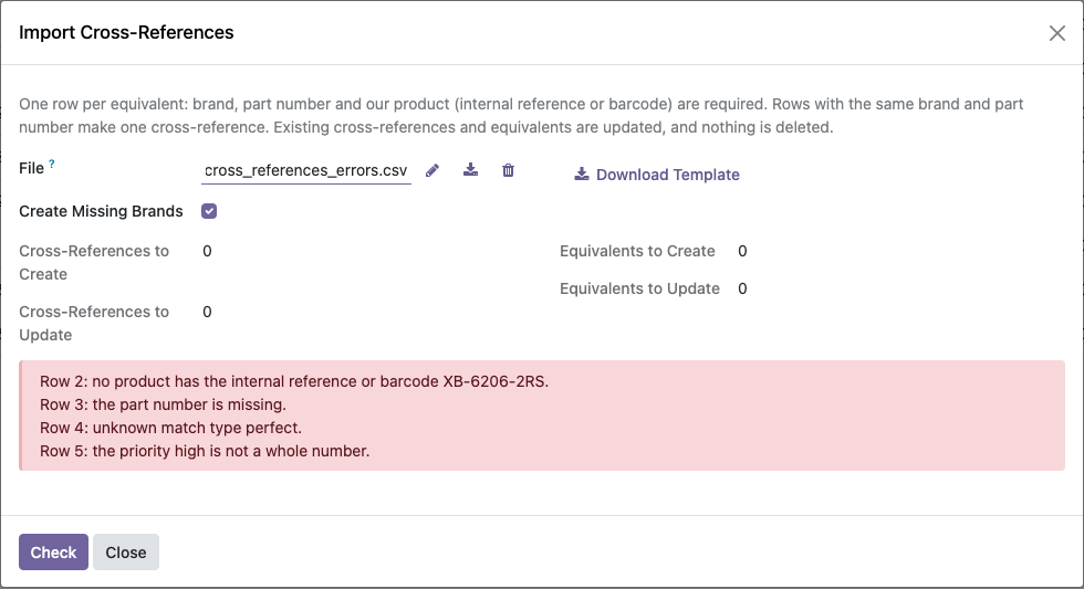 Import check with errors by row
