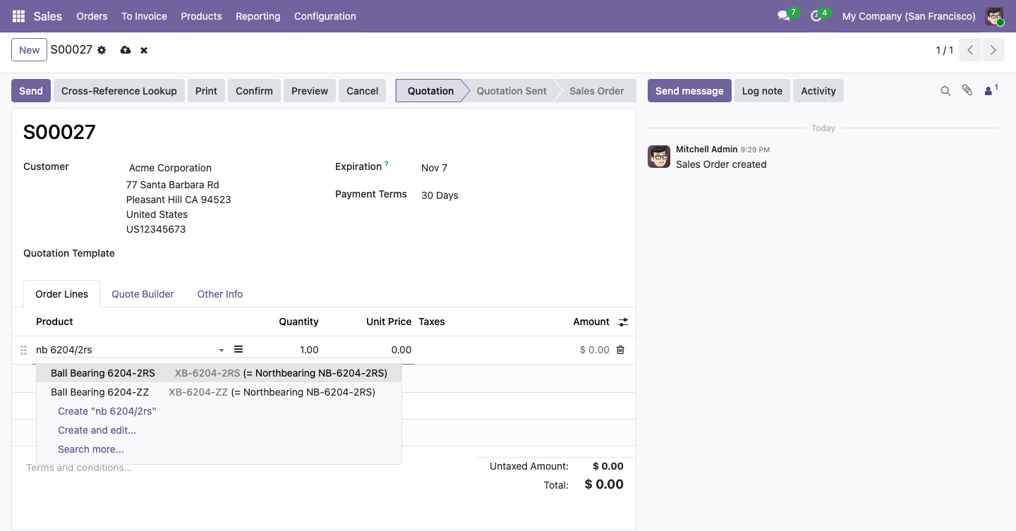 Search by a competitor code in a quotation line