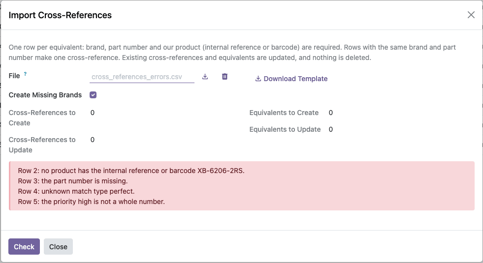 Import check with errors by row