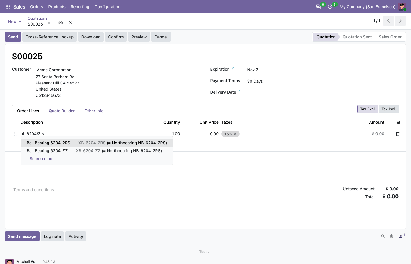 Search by a competitor code in a quotation line