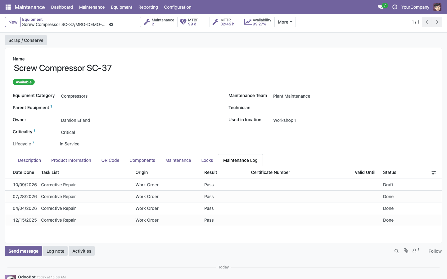 Maintenance log of the equipment