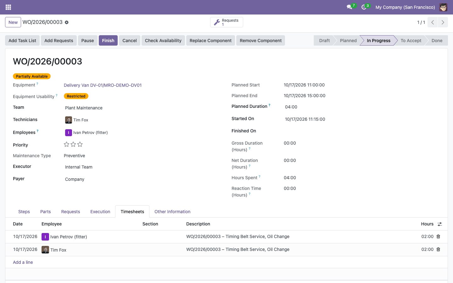 Timesheets page of a work order