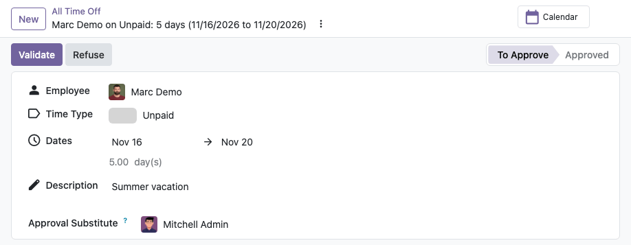 Approval Substitute on a Time Off Request