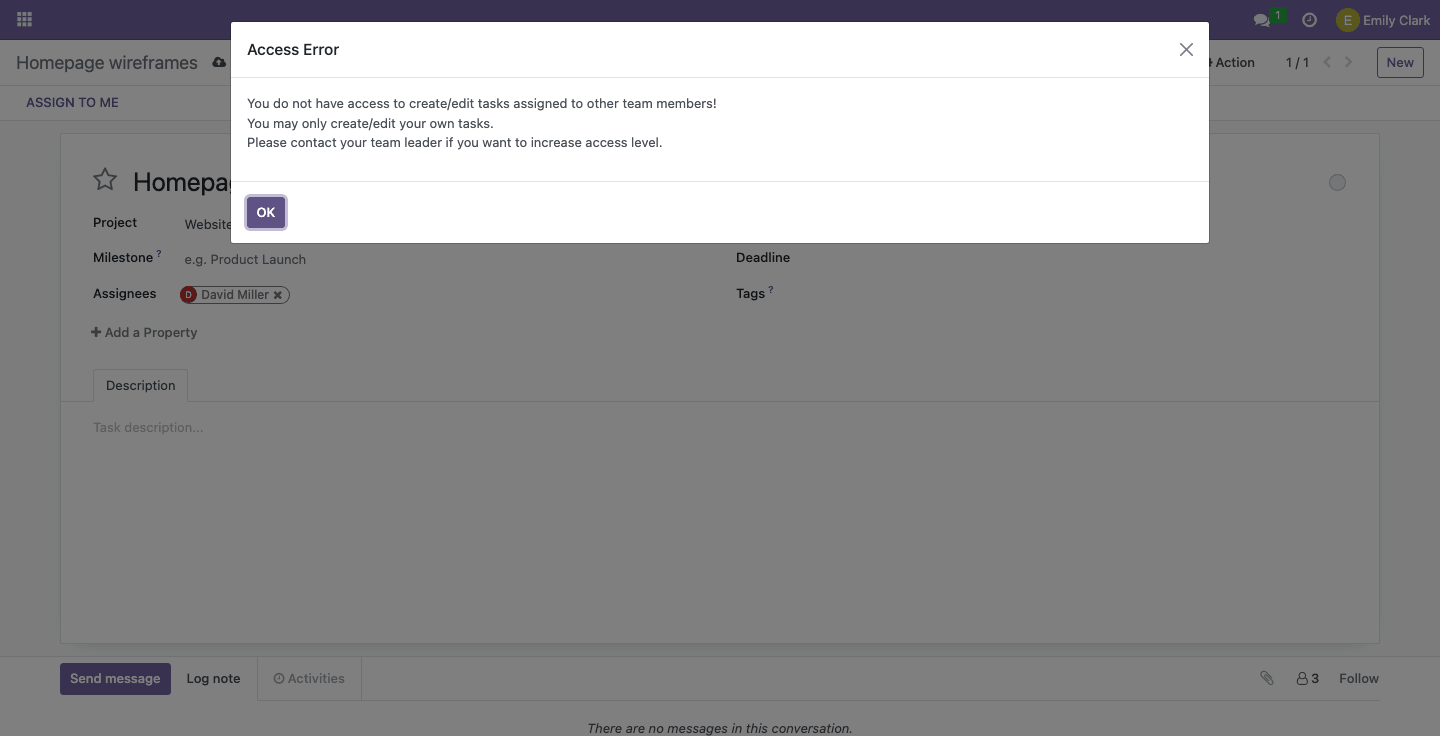 Access error for a member with an insufficient access level