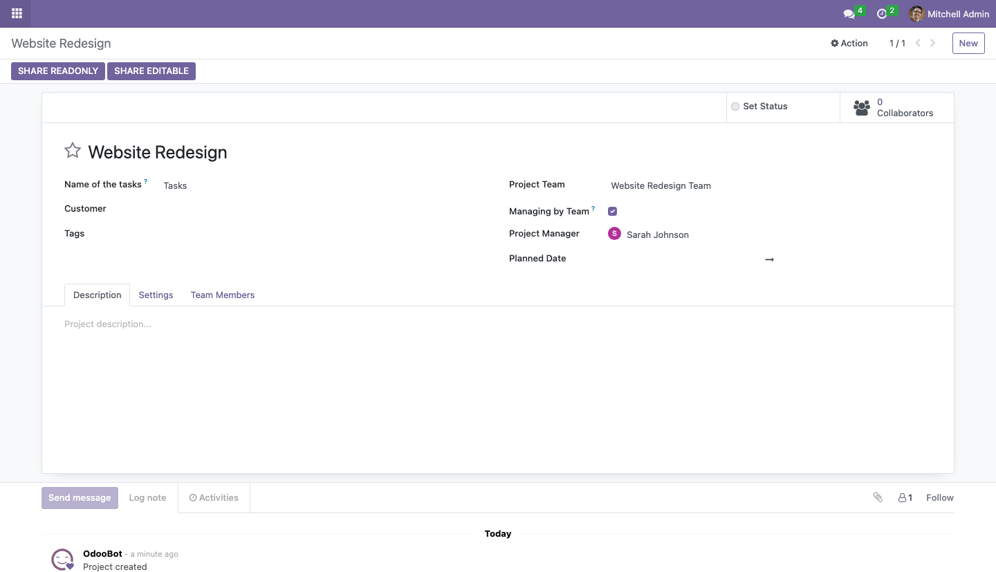 Project form with team and Managing by Team option