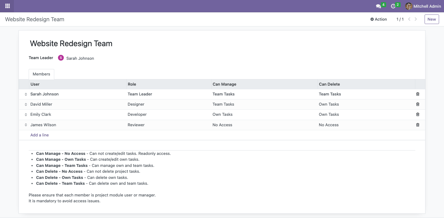 Project team form with members and access levels
