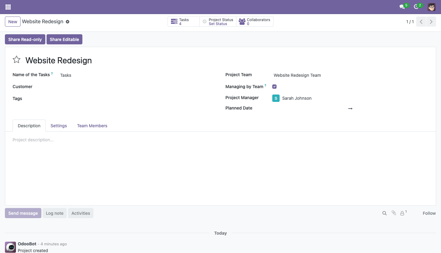 Project form with team and Managing by Team option