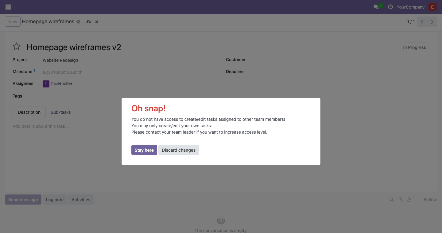 Access error for a member with an insufficient access level