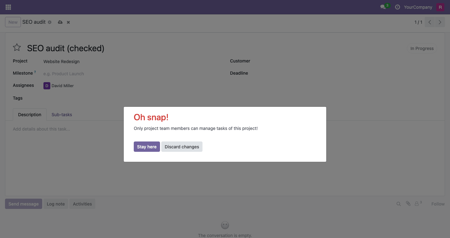Access error for a user outside the team