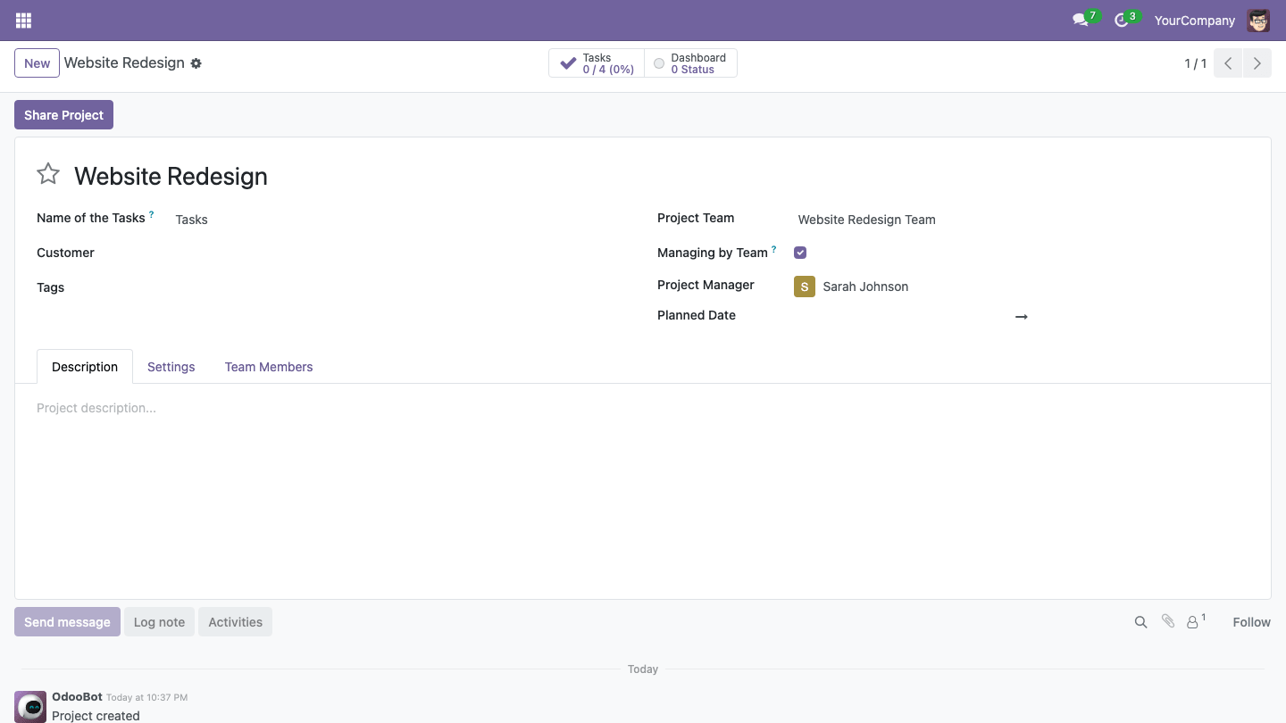 Project form with team and Managing by Team option
