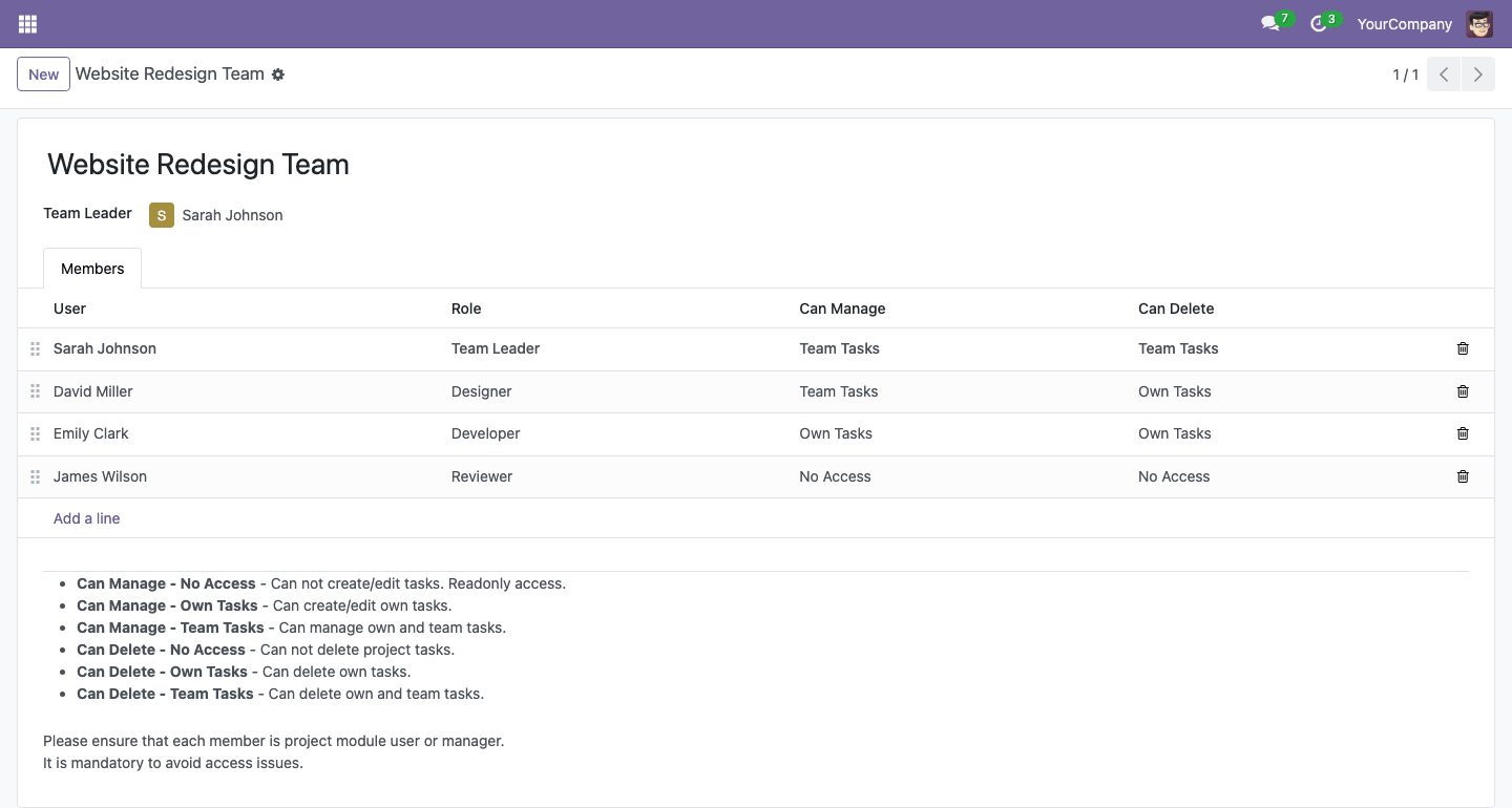 Project team form with members and access levels