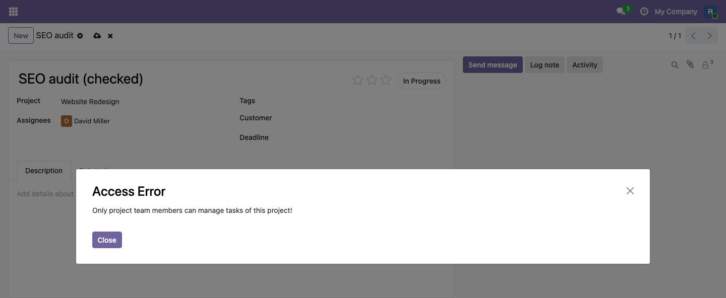 Access error for a user outside the team